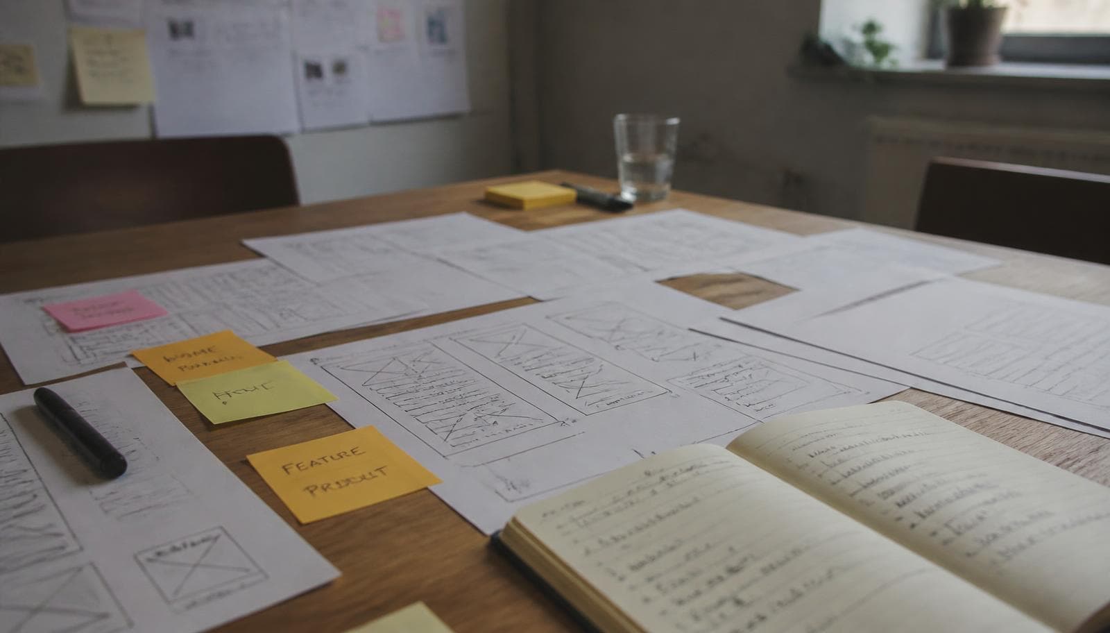 Participants working through hand-drawn product wireframes and prototype notes on a workshop table